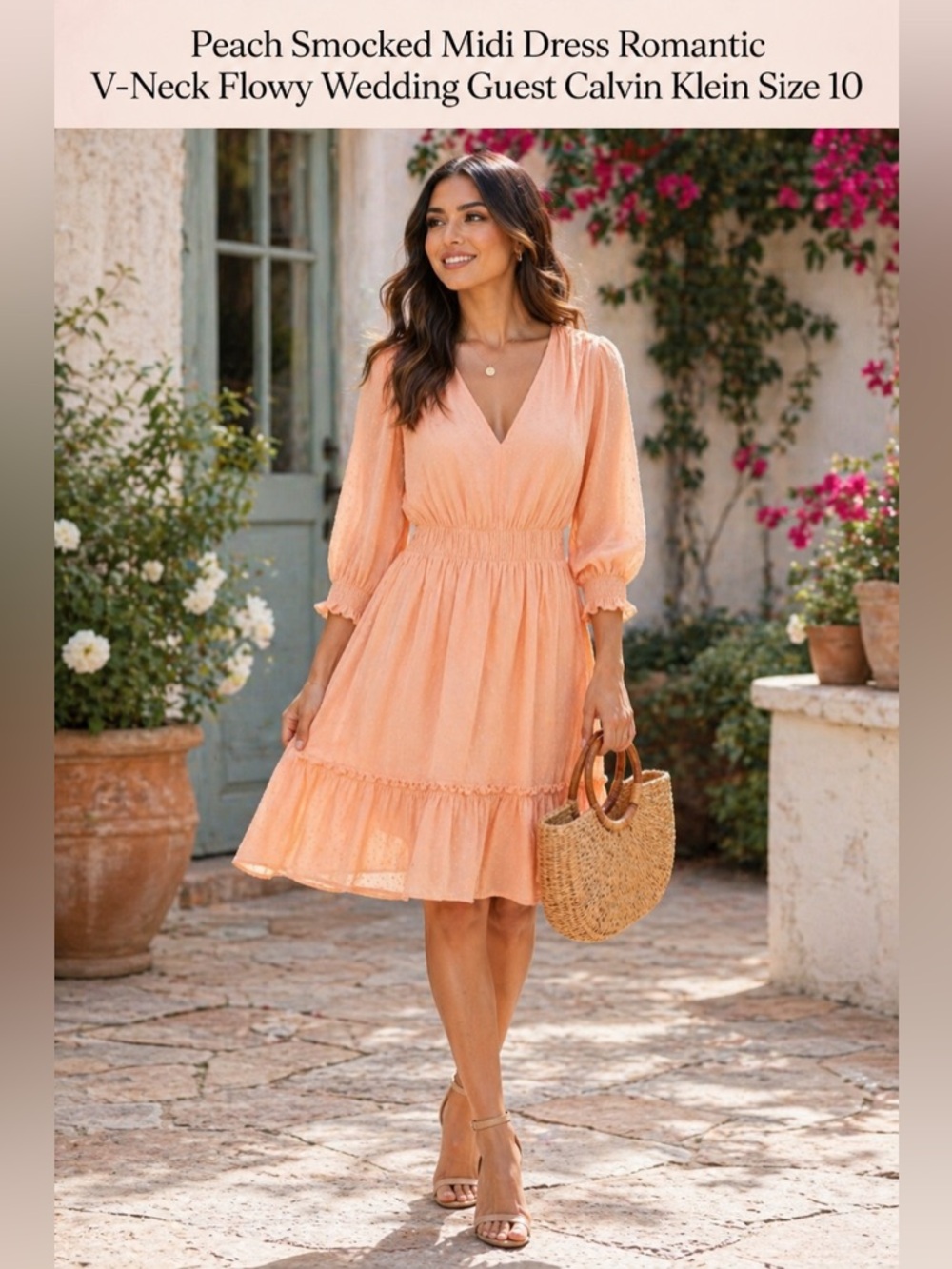 Peach Midi Dress Romantic V-Neck Flowy Wedding Guest Puff Sleeve Calvin Klein 10
